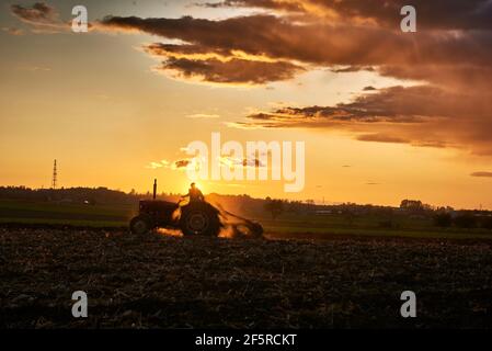 Silhouette d'un tracteur travaillant sur un champ au coucher du soleil. Pologne Banque D'Images