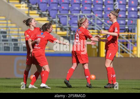Anderlecht, Belgique. 27 mars 2021. Les joueurs de Woluwe célèbrent leur but photographié lors d'un match de football féminin entre RSC Anderlecht Dames et White Star Woluwe le 18 e et dernier jour d'allumette avant les séries 2020 - 2021 de la Super League belge de Womens, samedi 27 mars 2021 à Bruxelles, Belgique . PHOTO SPORTPIX.BE | SPP | DIRK VUYLSTEKE crédit: SPP Sport Press photo. /Alamy Live News Banque D'Images