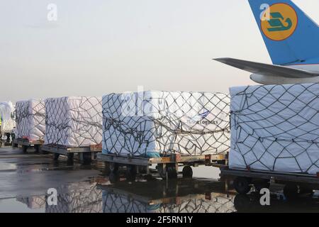 Tachkent. 27 mars 2021. La photo prise le 27 mars 2021 montre les vaccins COVID-19 arrivés à l'aéroport international de Tachkent, en Ouzbékistan. Le premier lot de vaccins chinois contre le coronavirus est arrivé samedi en Ouzbékistan. Credit: Zafar Khalilov/Xinhua/Alamy Live News Banque D'Images