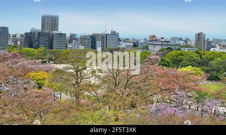 Vue sur la ligne d'horizon de Fukuoka depuis les ruines du château de Maizuru. Fukuoka, Japon. 04-07-2015 Banque D'Images