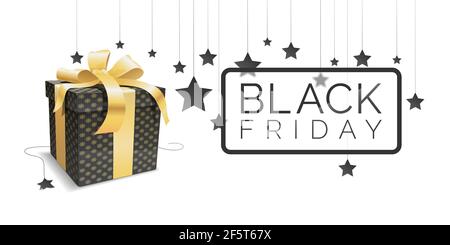 La bannière pour la vente du vendredi noir. Il y a la boîte cadeau noire avec un ruban doré, des étoiles noires, du texte noir dans un cadre. Ils sont sur blanc. Illustration de Vecteur