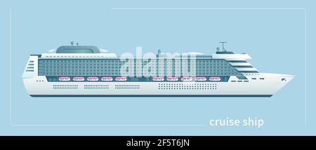 L'illustration vectorielle d'un gros bateau de croisière blanc est isolée sur un fond bleu clair. Le concept est le voyage en mer et le transport des personnes Illustration de Vecteur