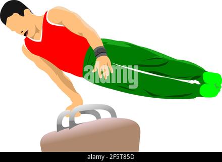 Exercices de gymnastique de l'homme. Cheval de pommel. illustration vectorielle 3d Illustration de Vecteur