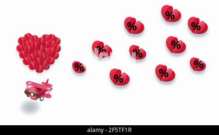 Art papier de vol d'avion d'air rouge et coeur dispersé avec pourcentage de réduction icône dans le ciel, concept de vente. illustration 3d. Banque D'Images