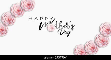 Bonne fête des mères calligraphie 3d illustration sur fond blanc avec des fleurs 3d roses. Banque D'Images