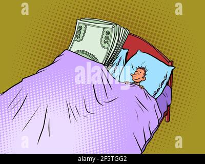 Un homme dort avec de l'argent dans son lit. Affaires et finances Illustration de Vecteur