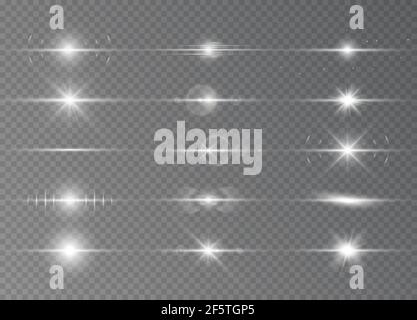 Effet spécial avec des rayons de lumière et des étincelles magiques. Kit de lentilles horizontales blanches. Lumière du soleil translucide. Conception de l'effet de lumière. Vecteur il Illustration de Vecteur