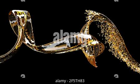 Jet de bière en 3d sur jet de liquide noir rendu 3d Banque D'Images