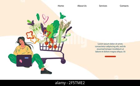 Modèle de bannière d'achat d'épicerie en ligne, illustration vectorielle plate de dessin animé sur fond blanc. Femme commandant de la nourriture en ligne via le concept d'ordinateur portable pour websi Illustration de Vecteur