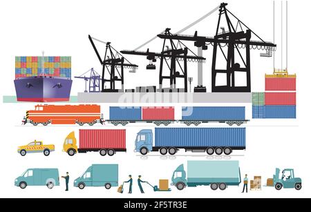 Grue à conteneurs, logistique et port avec navire à conteneurs, expédition de camions et train de marchandises Illustration de Vecteur