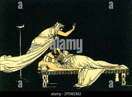 Cette illustration des années 1880 accompagnait un livre sur Homer et ses épopées, l'Iliad et l'Odyssée. Elle montre la scène dans l’Odyssée lorsque Penelope a un rêve symbolique, dont le but est de l’informer de l’arrivée d’Odysseus et de la destruction des suiteurs qui en découle. Selon la tradition grecque, Penelope était l'épouse d'Odysseus, roi d'Ithaca. Odysseus a passé 10 ans à lutter contre les chevaux de Troie (la guerre de Troie aurait été d'environ 1184 avant JC) et ensuite 10 ans à essayer de rentrer à la maison. Pendant ce temps, les suiteurs de Penelope ont fait de son palais leur maison. Banque D'Images