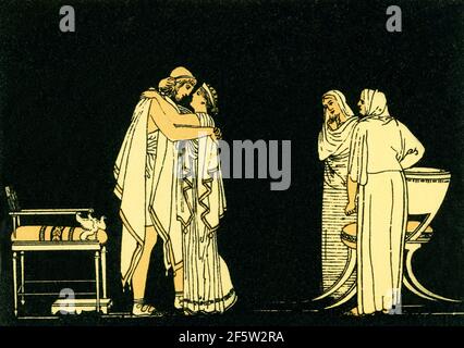 Cette illustration des années 1880 accompagnait un livre sur Homer et ses épopées, l'Iliad et l'Odyssée. Il montre la scène dans l'Odyssée quand Penelope est montré accueillant Odysseus (également appelé Ulysses) maison après qu'il a débarrassé le palais des suiteurs et s'est fait connaître à elle. Selon la tradition grecque, Penelope était l'épouse d'Odysseus, roi d'Ithaca. Odysseus a passé 10 ans à lutter contre les chevaux de Troie (la guerre de Troie aurait été d'environ 1184 avant JC) et ensuite 10 ans à essayer de rentrer à la maison. Banque D'Images