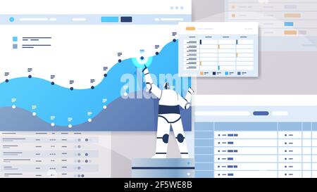 un robot moderne analysant des statistiques graphiques de données financières analysant l'intelligence artificielle concept de technologie Illustration de Vecteur