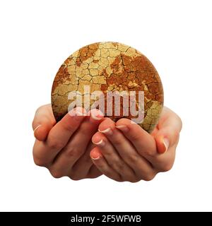 Planète terre parchée dans les mains isolées sur un fond blanc. Réchauffement de la planète ou changement climatique concept. Problèmes environnementaux. Banque D'Images