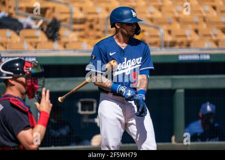 Los Angeles Dodgers shortstop Jacob Amaya (52) throws to first for an out  during a spring training game against the Cleveland Indians, Saturday,  March Stock Photo - Alamy