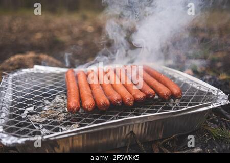 Griller des saucisses sur un gril instantané jetable. Griller des picniking dans la nature, entouré d'arbres forestiers et de pins Banque D'Images