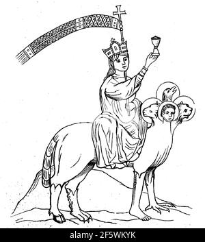 Tetramorph comme le mont de l'Église les quatre évangélistes Matthieu, Marc, Luc et Jean sont représentés dans l'iconographie chrétienne par quatre symboles aidés. La mission la plus commune depuis est: Un homme symbolise Matthew, le lion Mark, le taureau Luke et l'aigle John / Tetramorph als Reittier der Kirche Die vier Evangelisten Matthäus, Markus, Lukas und Johannes, werden in der chlichen Ikonografie durch vier geflügelte Symbole dargestellt. Die häufigste Zuordnung seither lautet: Ein Mensch versinnbildlicht Matthäus, der Löwe Markus, der Stier Lukas und der Adler Johannes, Historisch, hi Banque D'Images