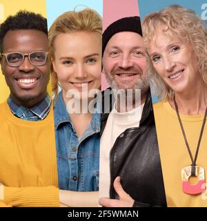 Collage de portraits souriants de groupes d'âge mixtes. Émotion humaine faciale positive. Prise de vue en studio Banque D'Images