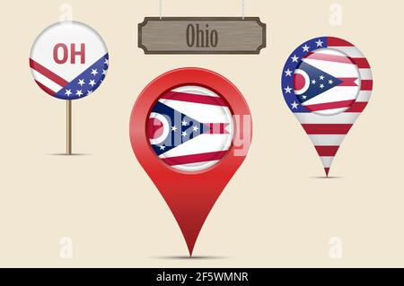 Drapeau rond de l'État américain de l'Ohio. Épingle de carte, marqueur de carte rouge, pointeur de position. Panneau en bois suspendu de style vintage. Illustration vectorielle. Étoiles américaines et bande Illustration de Vecteur