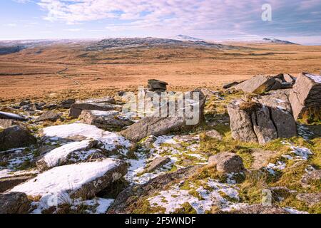 Vue depuis Oke Tor, y compris High Willhays, East Mill Tor, Yes Tor, et West Mill Tor, parc national de Dartmoor, Devon, Angleterre, Royaume-Uni. Banque D'Images