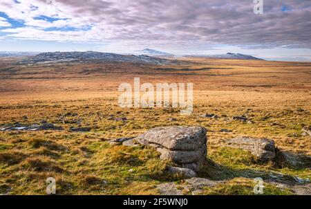 East Mill Tor, Yes Tor, et West Mill Tor, (l à r) vu de près d'Oke Tor, parc national de Dartmoor, Devon, Angleterre, Royaume-Uni. Banque D'Images