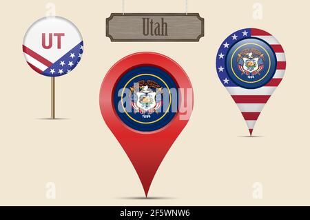 Drapeau rond de l'État américain de l'Utah. Épingle de carte, marqueur de carte rouge, pointeur de position. Panneau en bois suspendu de style vintage. Illustration vectorielle. Étoiles américaines et bande Illustration de Vecteur
