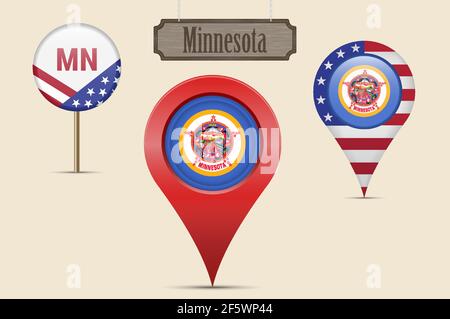 Drapeau rond de l'État des États-Unis du Minnesota. Épingle de carte, marqueur de carte rouge, pointeur de position. Panneau en bois suspendu de style vintage. Illustration vectorielle. Étoiles américaines et Illustration de Vecteur