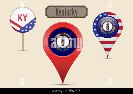 Drapeau rond de l'État des États-Unis du Kentucky. Épingle de carte, marqueur de carte rouge, pointeur de position. Panneau en bois suspendu de style vintage. Illustration vectorielle. Étoiles et s américaines Illustration de Vecteur