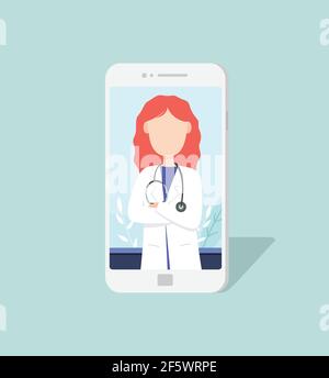 Discutez avec une femme médecin spécialiste des cheveux rouges pour trouver un écran de smartphone. Conseils d'experts par téléphone. Médecine et télémédecine. Illustrati de personne plane vectorielle Illustration de Vecteur