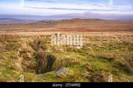 Vue sur East Mill Tor, vue depuis les pentes inférieures de Yes Tor, parc national de Dartmoor, Devon, Angleterre, Royaume-Uni. Banque D'Images