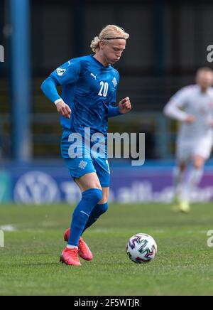 Gyor, Hongrie. 28 mars 2021. Kolbeinn Finnsson (20) d'Islande vu lors du match de l'UEFA EURO U-21 entre l'Islande et le Danemark au Gyirmoti Stadion à Gyor. (Crédit photo : Gonzales photo/Alamy Live News Banque D'Images