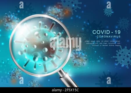 Coronavirus COVID-19 épidémie mondiale maladie de la grippe image de fond virus 3D et loupe Illustration de Vecteur