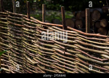 Panneaux d'escrime tissés à la main traditionnels ou haies fabriqués à partir de branches de Hazel souvent avec des piquets de Chestnut. Banque D'Images