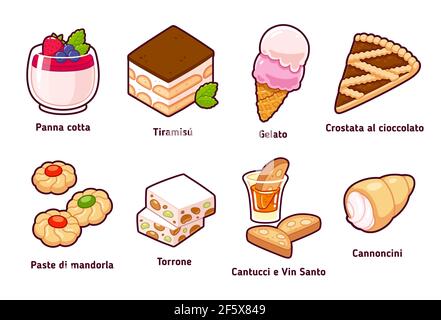 Desserts italiens traditionnels et pâtisseries avec des noms italiens. Ensemble de dessin animé simple. Illustration de clip art vectoriel isolée. Illustration de Vecteur