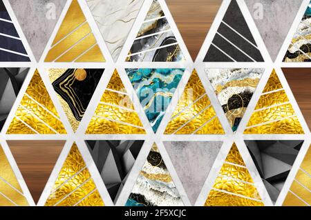 papier peint moderne mural 3d . Triangles décoratifs avec or et marbre sur fond gris clair . Pour décoration murale maison . Banque D'Images