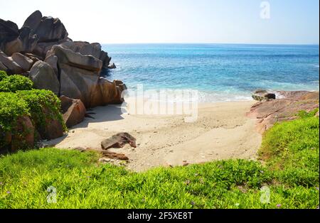 Paysage tropical avec de grandes roches de granit près de la plage d'Anse Songe. Île de la Digue, Seychelles. Banque D'Images