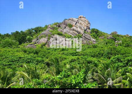 Rochers en granit près de la plage d'Anse Pierrot. Île de la Digue, Seychelles. Destination tropicale dans l'océan Indien. Banque D'Images