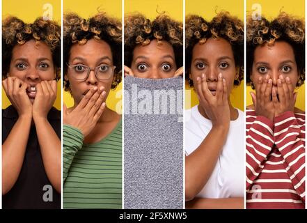 Une jeune femme africaine mauriquement choquée, qui couvre la bouche. Dernier concept de potins. Studio tourné sur un mur jaune. Banque D'Images