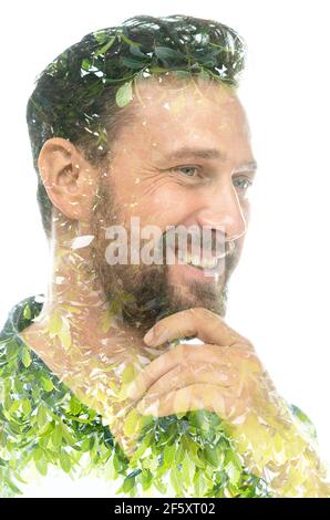 Un portrait de composition d'un homme avec des feuilles Banque D'Images