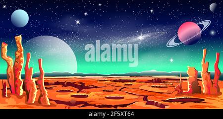 Arrière-plan de l'espace. Surface de la planète. Étoiles et planètes brillantes. Nébuleuse stellaire. Une galaxie lointaine. Ciel étoilé de nuit. Illustration de Vecteur