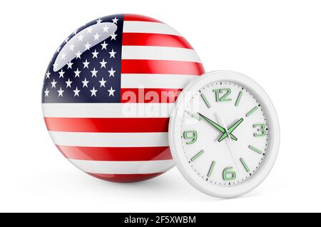 Drapeau des États-Unis avec horloge. Temps aux Etats-Unis, rendu 3D isolé sur fond blanc Banque D'Images