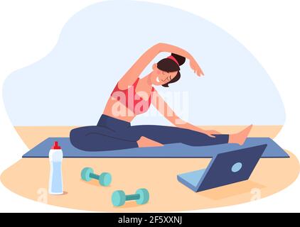 Fille va dans pour le sport à la maison par appels vidéo sur un ordinateur portable.entraînement en ligne, vecteur. L'entraîneur effectue le fitness en ligne. Une femme fait des plis sur le côté, en étirant. Vecteur, isolé, plat Illustration de Vecteur