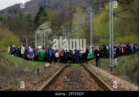 Kalwaria Zebrzydowska, Pologne - 13 avril 2017 : le mystère de la passion à Kalwaria Zebrzydowska, dans le sud de la Pologne. Banque D'Images