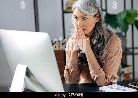 Choqué femme d'affaires asiatique aux cheveux gris, pigiste, assis au bureau et recevant des nouvelles inattendues, message, gestant ses mains tout en surpris regardant l'écran, expression stupéfait sur son visage Banque D'Images