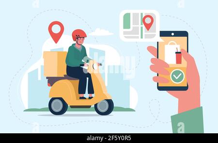 Concept de service de livraison de nourriture et application de suivi des commandes en ligne, livraison à domicile. Courrier cyclomoteur électrique. Illustration vectorielle de style plat Illustration de Vecteur