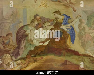 Fresque 'naissance de Marie' dans l'église de l'abbaye de Zwiefalten, Zwiefalten à la limite sud des Alpes souabes, Bade-Wurtemberg, Allemagne Banque D'Images