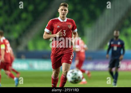 Szombathely, Hongrie. 28 mars 2021. Igor Diveev (3) de Russie vu lors du match de l'UEFA EURO U-21 entre la Russie et la France au stade Haladas à Szombathely. (Crédit photo : Gonzales photo/Alamy Live News Banque D'Images