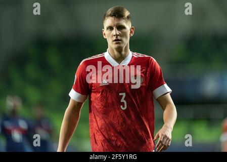 Szombathely, Hongrie. 28 mars 2021. Igor Diveev (3) de Russie vu lors du match de l'UEFA EURO U-21 entre la Russie et la France au stade Haladas à Szombathely. (Crédit photo : Gonzales photo/Alamy Live News Banque D'Images