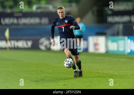 Szombathely, Hongrie. 28 mars 2021. Adrien Truffert (7) de France vu lors du match de l'UEFA EURO U-21 entre la Russie et la France au stade Haladas à Szombathely. (Crédit photo : Gonzales photo/Alamy Live News Banque D'Images