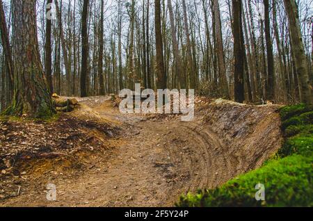 Piste de descente récemment construite dans la forêt avec des sauts et courbes étroites Banque D'Images